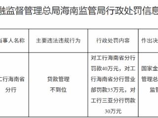 中国工商银行海南省分行因贷款管理不到位被罚款40万元