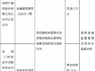 中国太平洋财产保险天水中心支公司因委托无资质机构卖保险被罚款5万元