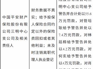 中国平安财产保险三明中心支公司因财务数据不真实等被罚款55.6万元