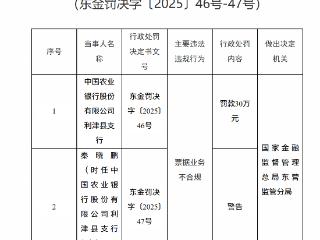 中国农业银行利津县支行因票据业务不合规被罚款30万元
