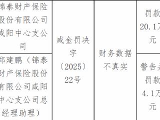 锦泰财产保险咸阳中心支公司因财务数据不真实被罚款20.1万元