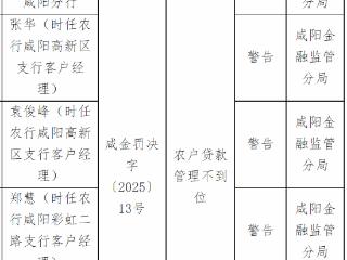 中国农业银行咸阳分行因农户贷款管理不到位被罚款25万元