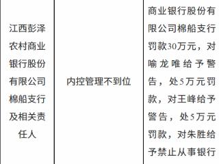 江西彭泽农村商业银行棉船支行因内控管理不到位被罚款30万