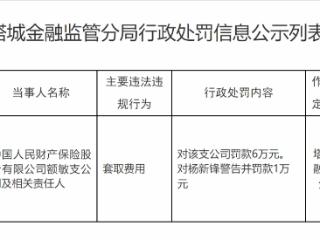 中国人民财险额敏支公司因套取费用被罚款6万元
