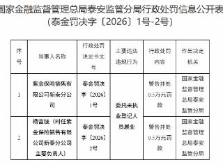紫金保险新泰分公司因委托未执业登记人员展业被警告并处0.5万元罚款