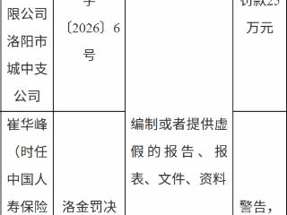 中国人寿保险洛阳市城中支公司因编制或者提供虚假的报告等被罚款25万元。