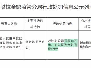 中国人民财产保险温泉支公司因财务数据不真实被罚款18万元