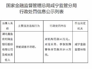 湖北嘉鱼农村商业银行因贷前调查不尽职被罚款40万元