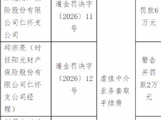 阳光财产保险怀支公司因虚挂中介业务套取手续费被罚款6万元