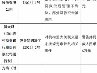 凉山农村商业银行因重大关联交易未按规定审批等被罚款人民币120万元