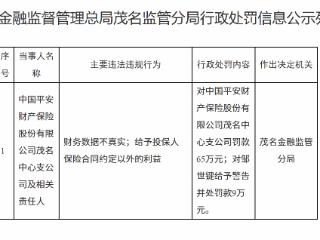 中国平安财产保险茂名中心支公司因财务数据不真实等被罚款65万元 责任人同步领罚