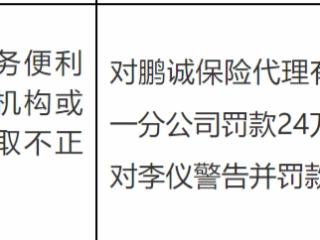 为其他机构或个人牟取不正当利益，鹏诚保险代理重庆第一分公司被罚款24万元