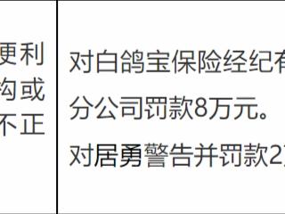 利用业务便利为其他机构或个人牟取不正当利益，白鸽宝保险经纪重庆分公司被罚款8万元