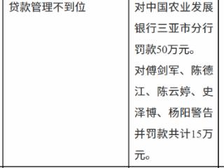 中国农业发展银行三亚市分行因贷款管理不到位被罚款50万元