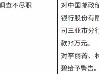 中国邮政储蓄银行三亚市分行因贷前调查不尽职被罚款35万元