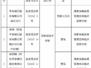 平安银行临沂分行因贷前调查不尽职被罚款30万元