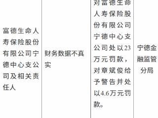富德生命人寿保险宁德中心支公司因财务数据不真实被罚款23万元 责任人同步领罚