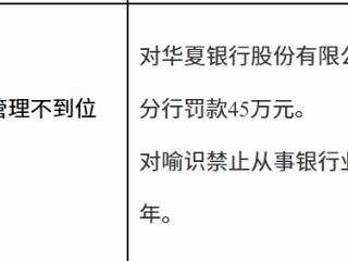华夏银行重庆分行因内控管理不到位被罚款45万元