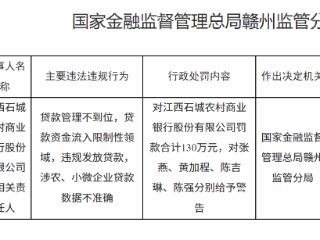 江西石城农村商业银行因贷款管理不到位等被罚款130万元 责任人被警告
