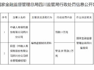 中融人寿保险四川分公司因编制虚假财务资料被罚款13万元