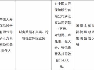 中国人寿保险庐江支公司因财务数据不真实等被罚款18万元