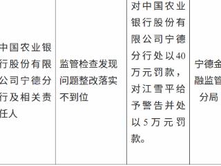 中国农业银行宁德分行因监管检查发现问题整改落实不到位被罚款40万元
