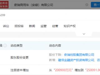 奇瑞商用车增资，农银投资、建信投资入股