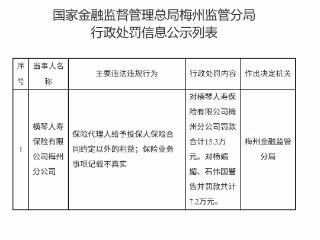 横琴人寿梅州分公司因保险代理人给予投保人保险合同约定以外的利益等被罚15.3万元
