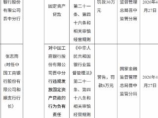 中国工商银行晋中分行因违规发放固定资产贷款被罚款30万元