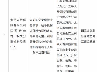 太平人寿江西分公司、相关分支机构因未如实记录保险业务事项等被合计罚款103万元
