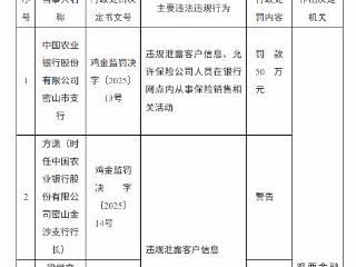 中国农业银行密山市支行因违规泄露客户信息等被罚款50万元