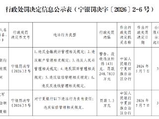 宁夏银行因违反金融统计管理相关规定等被罚款超248万元