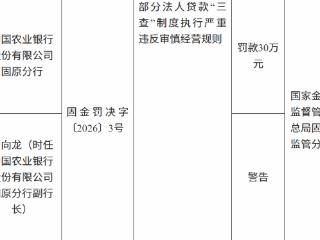 中国农业银行固原分行因部分法人贷款“三查”制度执行严重违反审慎经营规则被罚30万