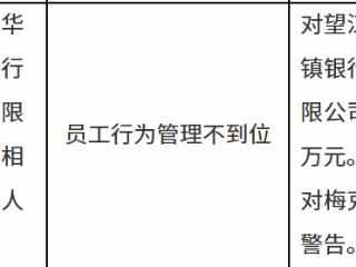 望江新华村镇银行因员工行为管理不到位被罚款30万元
