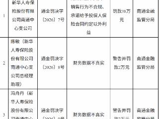 新华人寿南通中心支公司因财务数据不真实等被罚款38万元