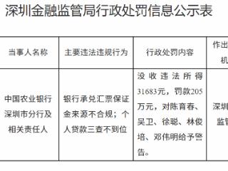 中国农业银行深圳市分行因银行承兑汇票保证金来源不合规等被罚款205万元