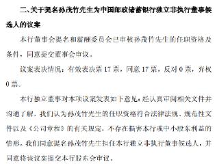 邮储银行：提名孙茂竹为独立非执行董事候选人
