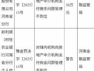农业银行河南省分行因对辖内机构向房地产中介机构支付佣金问题管理不到位被罚款30万