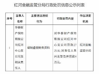 华泰财产保险红河中心支公司因编制虚假财务资料被罚款27万元