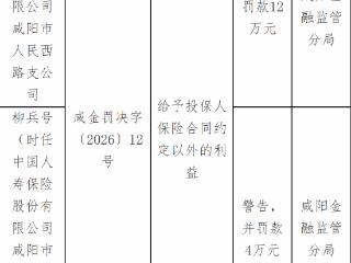 中国人寿咸阳市人民西路支公司因给予投保人保险合同约定以外的利益被罚款12万元