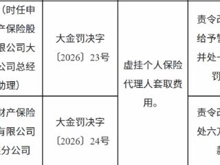 申能财产保险大连分公司因虚挂个人保险代理人套取费用被罚款6万元