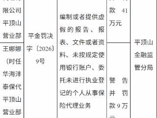 华海沣泰保险代理平顶山营业部因编制或者提供虚假的资料等被罚款41万元