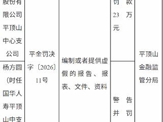 国华人寿平顶山中心支公司因编制或者提供虚假的报告、报表、文件、资料被罚款23万元