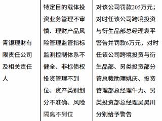 青银理财因定目的载体投资业务管理不审慎等被罚款205万元