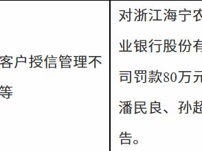 浙江海宁农村商业银行因集团客户授信管理不审慎等被罚款80万元