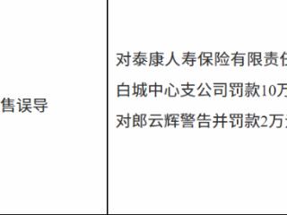 泰康人寿吉林白城中心支公司因销售误导被罚款10万元
