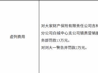 大家财产保险吉林分公司白城中心支公司镇赉营销服务部因虚列费用被罚款13万元