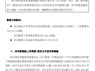 瑞丰银行：1.21亿股首发限售股将于6月25日上市流通