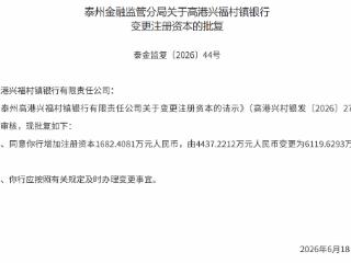 泰州高港兴福村镇银行获批增加注册资本至6119.63万元