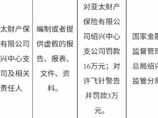 亚太财险绍兴中心支公司因编制或者提供虚假的报告、报表、文件、资料被罚款16万元